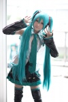 aqua_hair blouse cosplay default_costume detached_sleeves hatsune_miku headset pleated_skirt skirt thighhighs tie twintails uri vocaloid zettai_ryouiki rating:Safe score:0 user:nil!
