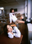 bow classroom costume desks kneesocks miniskirt otomo_sayuri plaid pleated_skirt school_uniform skirt sweater_vest tatsumi_natsuko rating:Safe score:2 user:nil!
