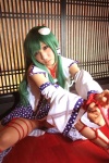 bikini blouse bound cosplay detached_sleeves green_hair hanamura_misaki kochiya_sanae miko open_clothes rope side-tie_bikini skirt socks swimsuit touhou touhou_kinbauchou rating:Questionable score:0 user:nil!