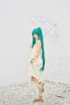 aqua_eyes aqua_hair cosplay dress hatsune_miku skirt skirt_lift twintails umbrella vocaloid wristband yuuki_mio rating:Safe score:2 user:pixymisa