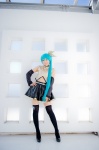 aqua_hair black_legwear cosplay croptop detached_sleeves hairbow hatsune_miku mashiro_yuki pleated_skirt ponytail project_diva skirt thighhighs vocaloid zettai_ryouiki rating:Safe score:1 user:nil!