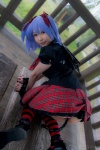 ass blouse blue_hair bonnet bow cosplay croptop lenfried miniskirt remilia_scarlet skirt tail_plug thighhighs touhou wings rating:Questionable score:2 user:nil!