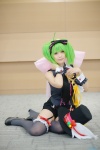 beni collar cosplay cuffs garter_straps green_hair hairbow key_(item) macross macross_frontier ranka_lee red_eyes shorts thighhighs tie top_hat twintails vest rating:Safe score:0 user:pixymisa