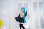 aqua_hair black_legwear cosplay croptop detached_sleeves hairbow hatsune_miku mashiro_yuki pleated_skirt ponytail project_diva skirt skirt_lift thighhighs vocaloid zettai_ryouiki rating:Safe score:0 user:nil!