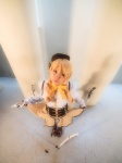 beret blonde_hair blouse boots bowtie corset cosplay detached_sleeves fingerless_gloves gloves gun miniskirt puella_magi_madoka_magica skirt thighhighs tomoe_mami twintails yoppy zettai_ryouiki rating:Safe score:0 user:pixymisa