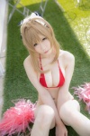 amagi_brilliant_park atsuki bikini blonde_hair cleavage cosplay hairbow pom_poms sento_isuzu swimsuit underboob rating:Safe score:1 user:nil!