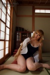 blonde_hair blouse chii_(chobits) chobits cleavage cosplay hairband momoiro_merankori one-piece_swimsuit open_clothes saku swimsuit rating:Safe score:1 user:nil!